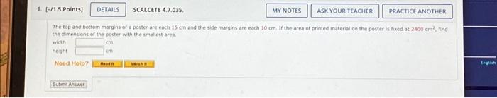 Solved 1. [-/1.5 Points] DETAILS Submit Answer cm cm | Chegg.com