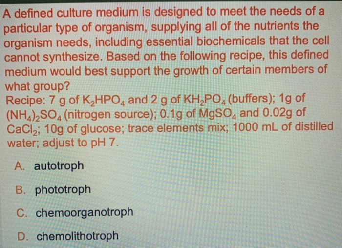 Solved A defined culture medium is designed to meet the | Chegg.com