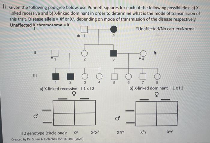 I. Given the following pedigree below, use Punnett squares for each of the following possibilities: a) Xlinked recessive and