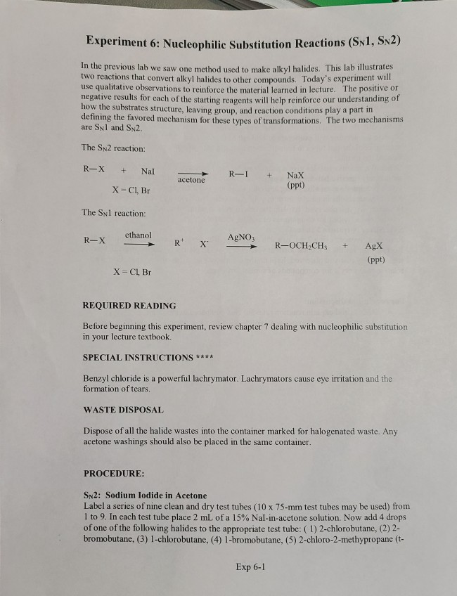 Solved Experiment 6: Nucleophilic Substitution Reactions | Chegg.com