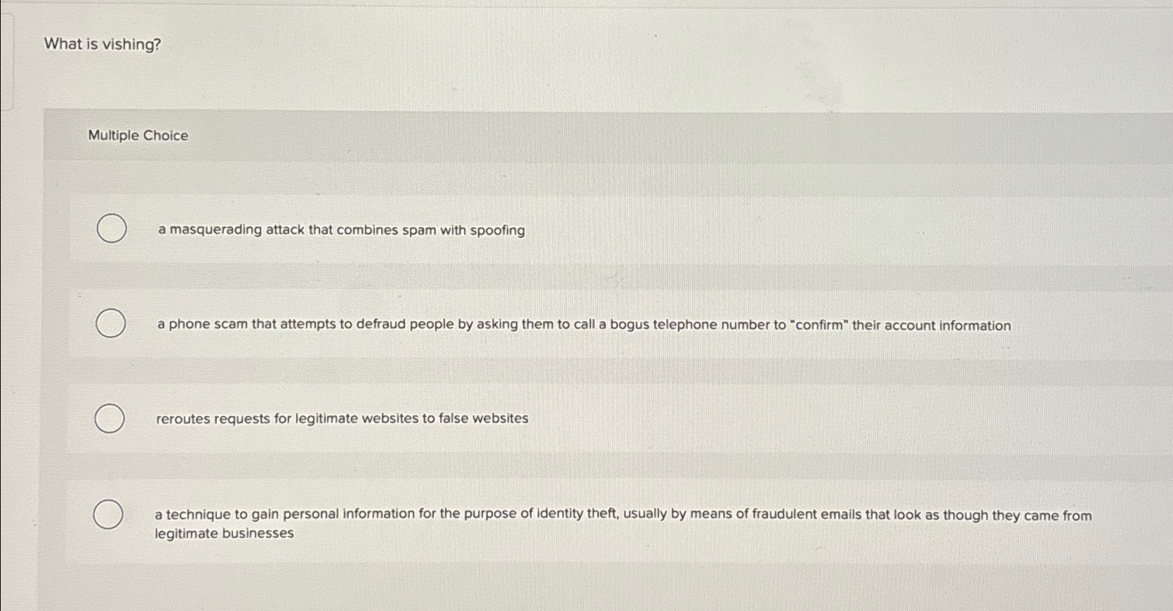 Solved What is vishing?Multiple Choicea masquerading attack | Chegg.com
