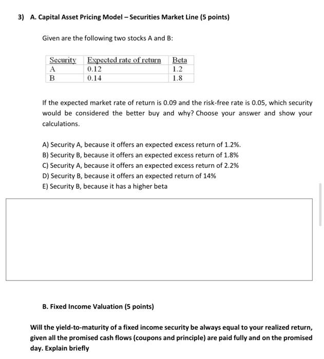 Solved 3) A. Capital Asset Pricing Model - Securities Market | Chegg.com