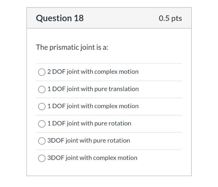 Solved Question 18 0.5 pts The prismatic joint is a 2 DOF