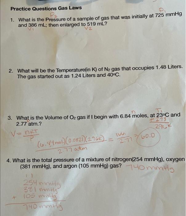 Solved Practice Questions Gas Laws 1. What Is The Pressure | Chegg.com