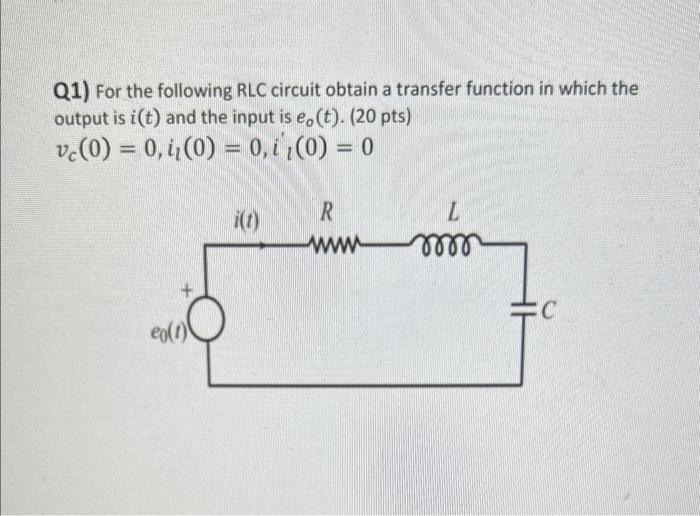 Solved Q1) For the following RLC circuit obtain a transfer | Chegg.com