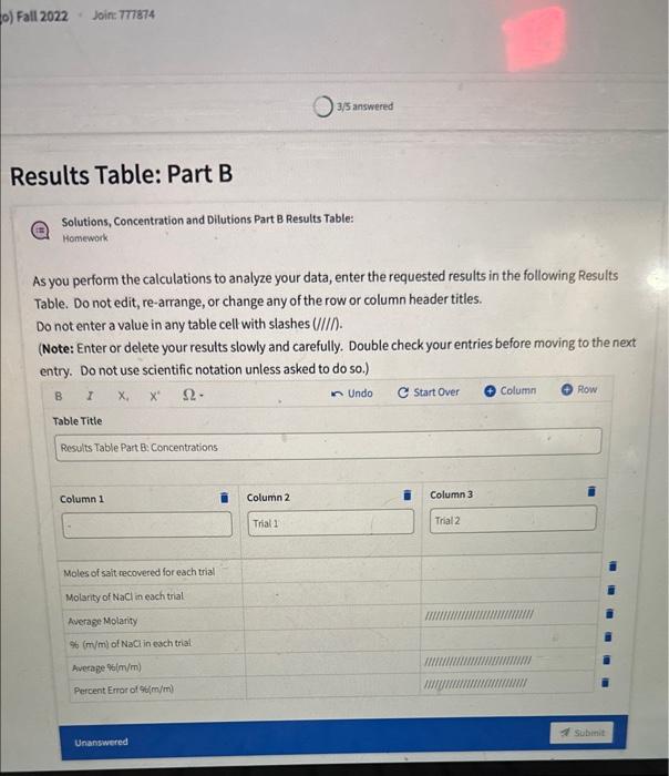 Solutions, Concentration and Dilutions Part B Results