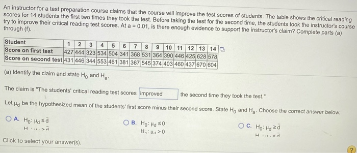 Solved An instructor for a test preparation course claims | Chegg.com