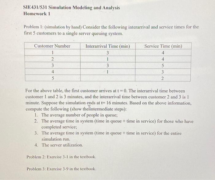 Solved SIE431/531 Simulation Modeling and Analysis Homework | Chegg.com