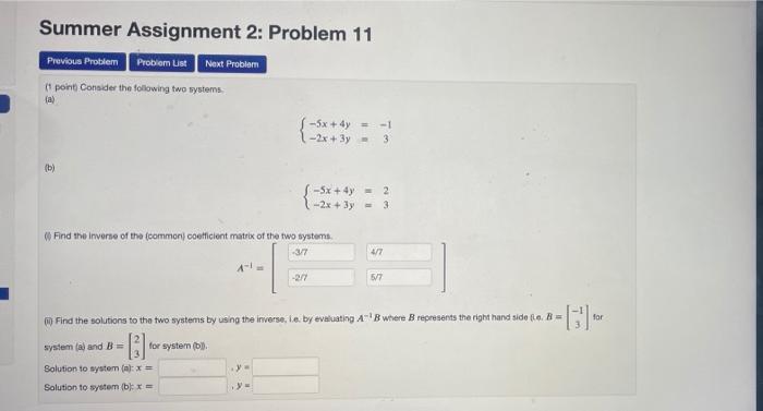 Solved Summer Assignment 2: Problem 10 Previous Problem | Chegg.com