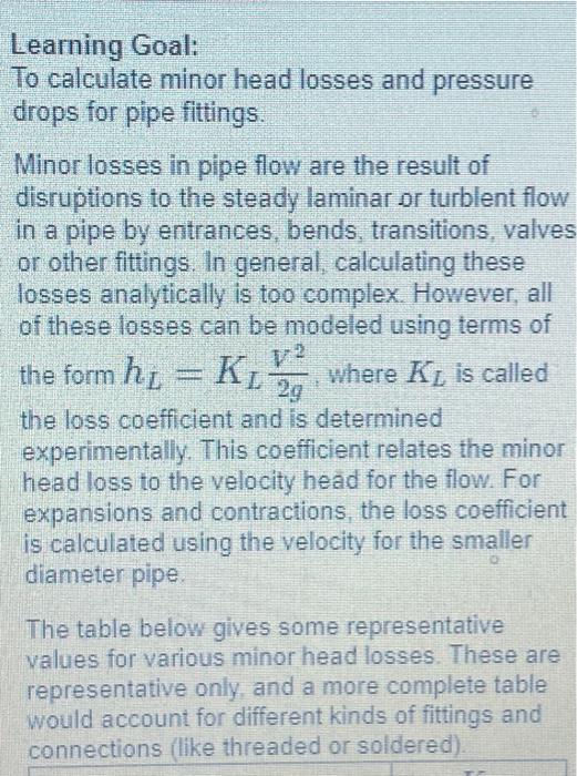 Learning Goal To calculate minor head losses and