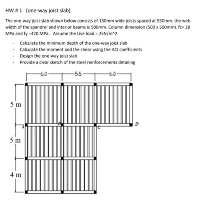 HW #1 (one-way joist slab) The one-way joist slab shown below consists of 150mm wide joists spaced at 550mm. the web width of