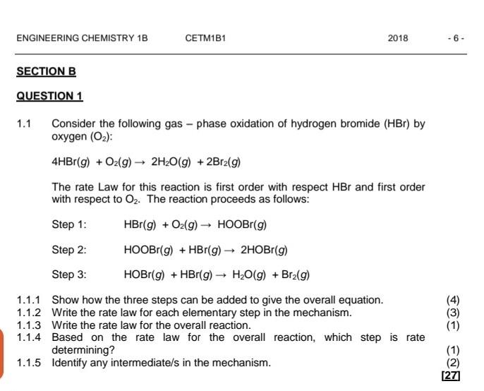 Solved ENGINEERING CHEMISTRY 1B SECTION B QUESTION 1 CETM1B1 | Chegg.com