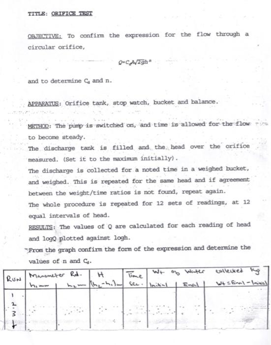 TITLE: ORIFICE TEST
OBJECTIVE: To confirm the expression for the flow through a
circular orifice,
O-CA2gh
and to determine an
