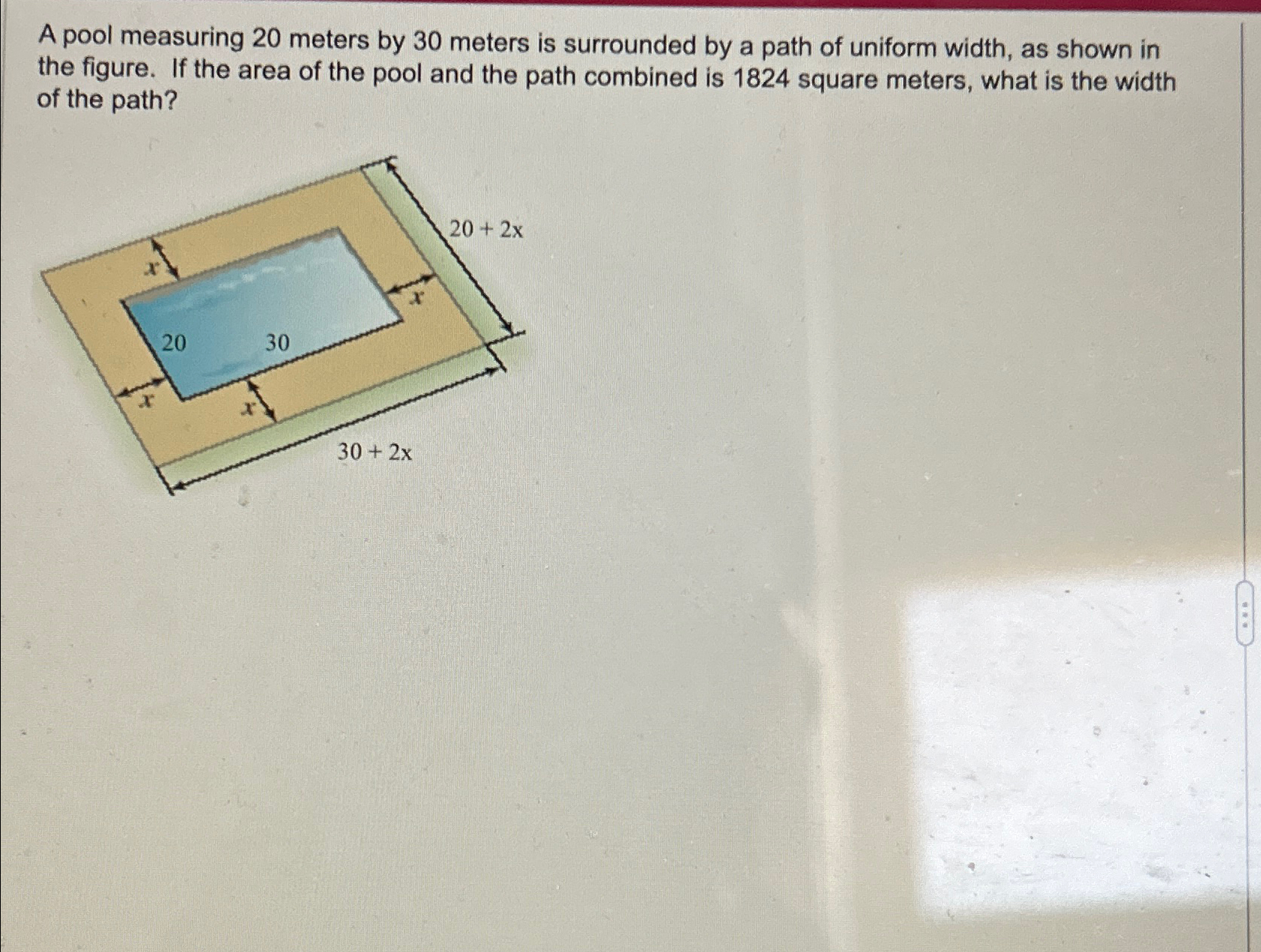 Solved A pool measuring 20 ﻿meters by 30 ﻿meters is | Chegg.com