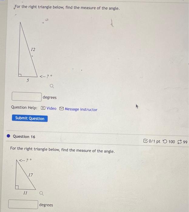 Solved For the right triangle below, find the measure of the | Chegg.com