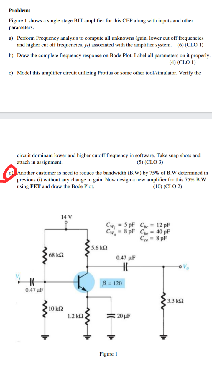 Problem: Figure 1 shows a single stage BJT amplifier | Chegg.com
