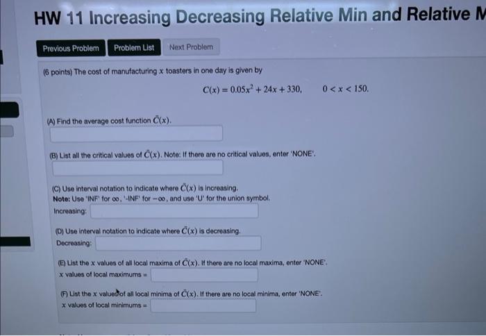 Solved IW 11 Increasing Decreasing Relative Min and Relative | Chegg.com