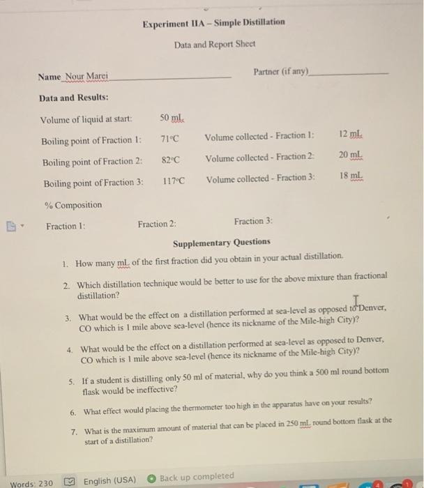 Experiment IIA - Simple Distillation Data and Report | Chegg.com