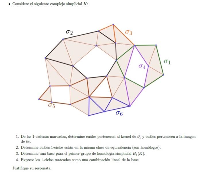 - Considere el siguiente complejo simplicial \( K \) : 1. De las 1-cadenas marcadas, determine cuáles pertenecen al kernel de