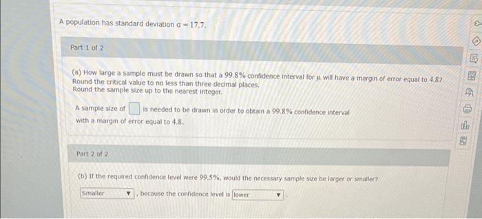 Solved A population has standard deviation σ=17,7. Part 1 of | Chegg.com
