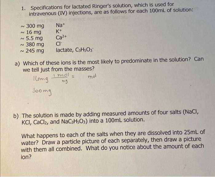 Solved 1. Specifications for lactated Ringer's solution, | Chegg.com