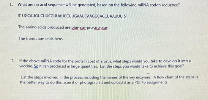Solved 1. What amino acid sequence will be generated, based | Chegg.com