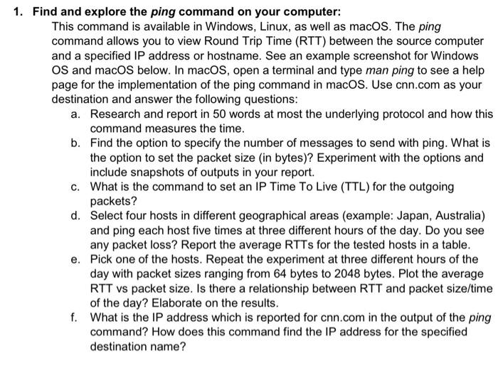 Solved Find and explore the ping command on your computer: | Chegg.com