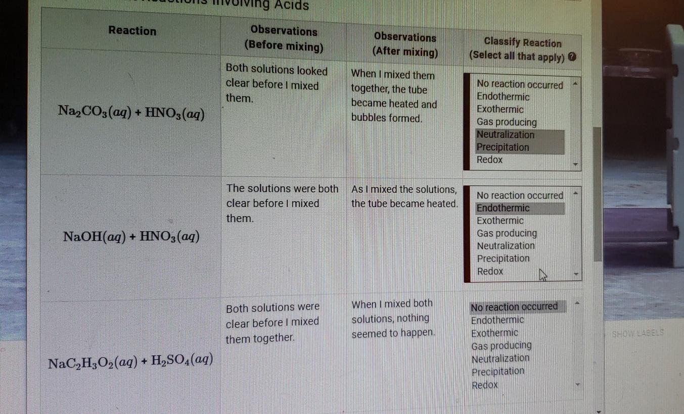 Solved Acids Reaction Observations (Before mixing)