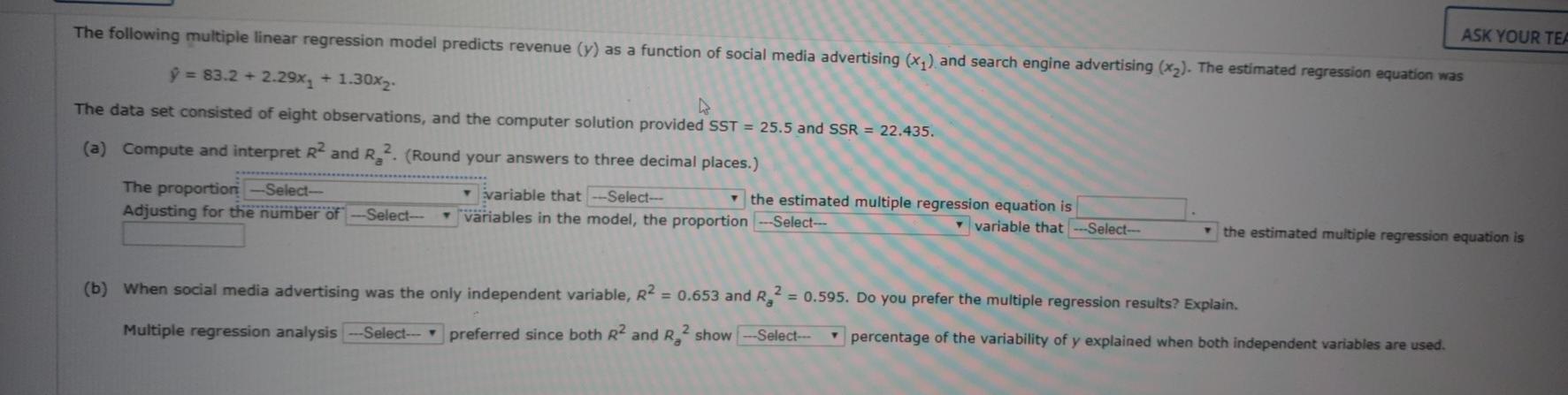 Solved The following multiple linear regression model | Chegg.com