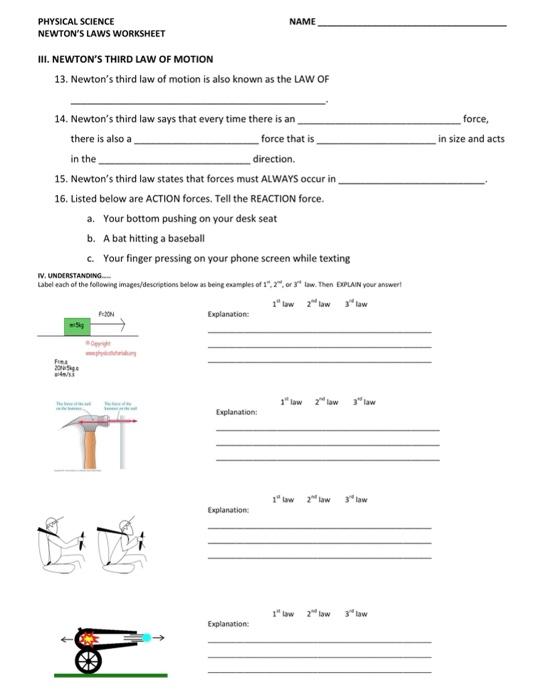 Solved NAME PHYSICAL SCIENCE NEWTON'S LAWS WORKSHEET III. | Chegg.com