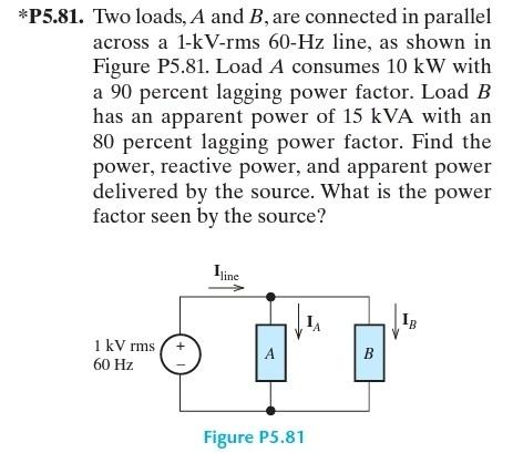 Solved P5.81. Two loads, A and B, are connected in parallel | Chegg.com