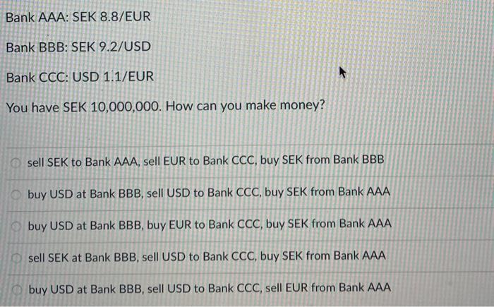 Solved Bank AAA: SEK 8.8/EUR Bank BBB: SEK 9.2/USD Bank CCC: | Chegg.com