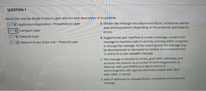 Solved QUESTION 1 Match the Internet Model Protocol Layer | Chegg.com