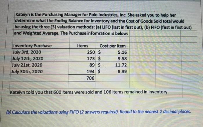 Solved please give me an idvidual table for lifo, fifo, and | Chegg.com