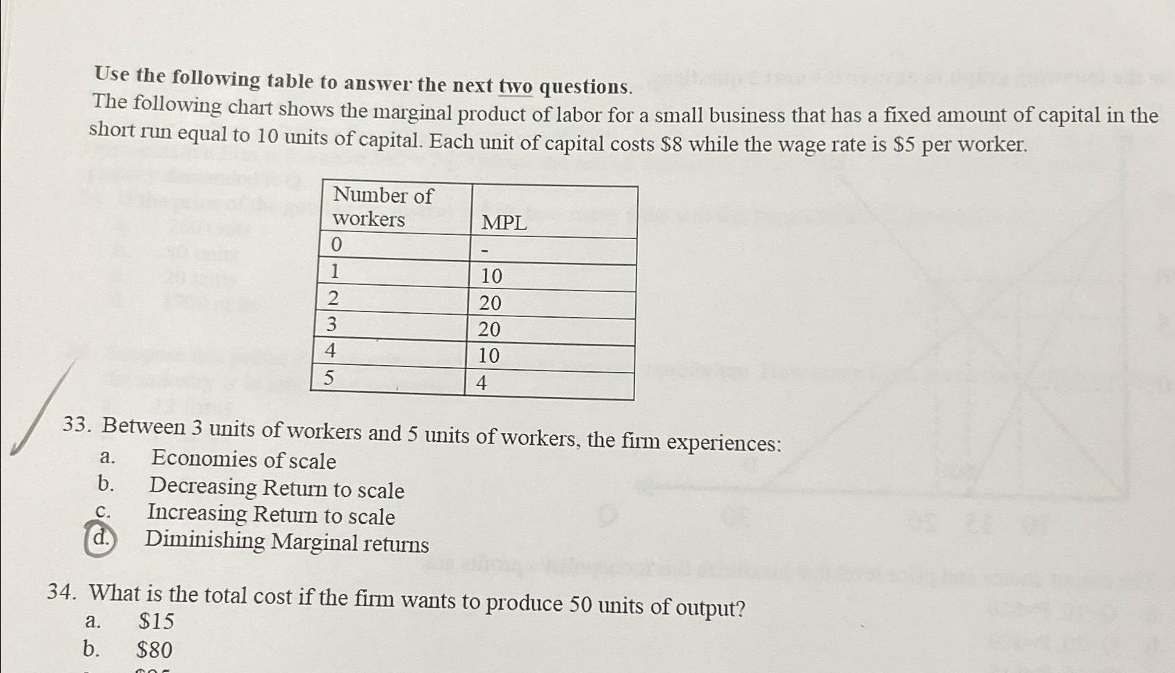 Solved Use the following table to answer the next two | Chegg.com