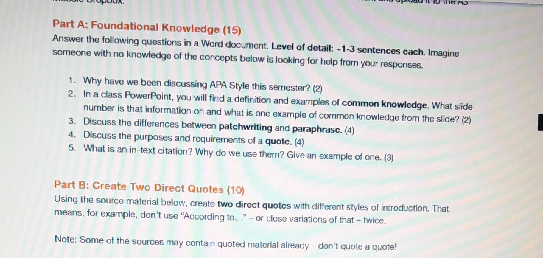 Part A: Foundational Knowledge (15) Answer the | Chegg.com