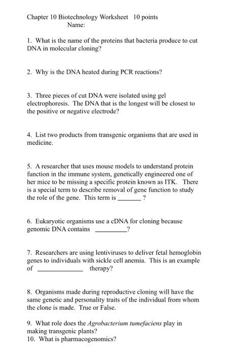 Solved Chapter 10 Biotechnology Worksheet 10 points Name: 1. | Chegg.com