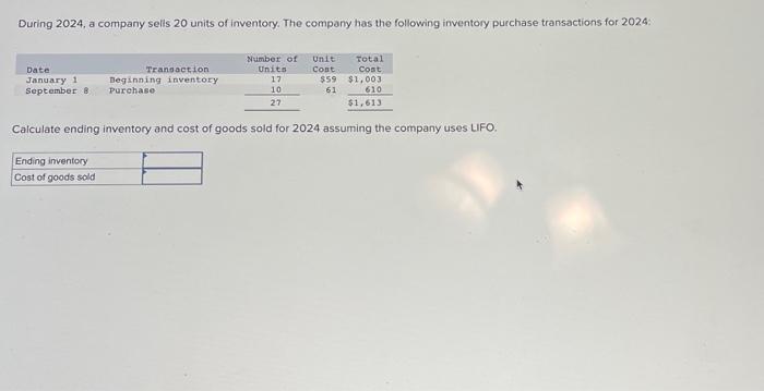 Solved During 2024 A Company Sells 20 Units Of Inventory Chegg Com   Image