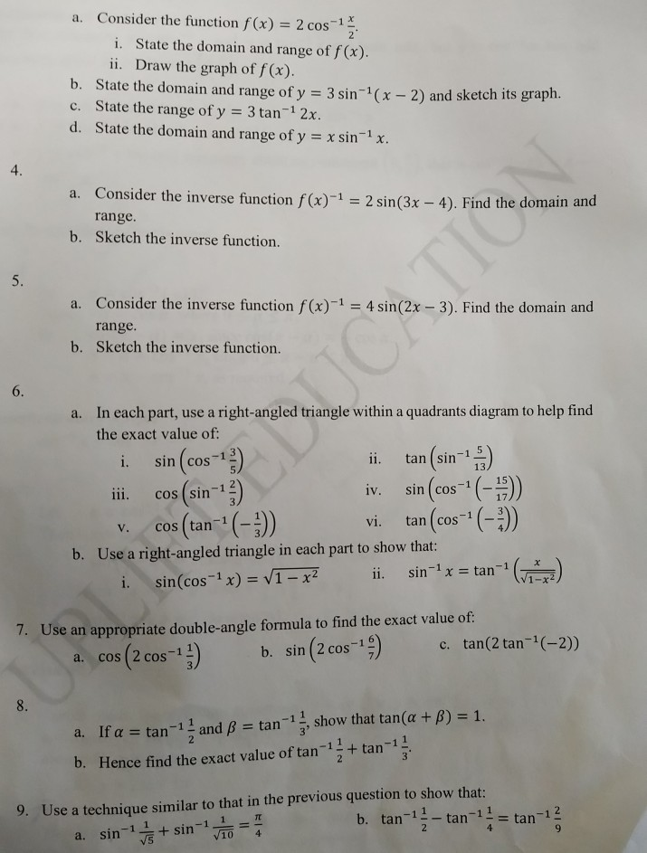 Solved 1 Evaluate The Following A Cos 1 3 D Sin 1 3 Chegg Com