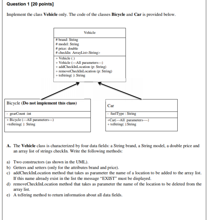 Solved Question 1 (20 points] Implement the class Vehicle | Chegg.com