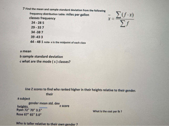 Solved 7 Find The Mean And Sample Standard Deviation From Chegg Com