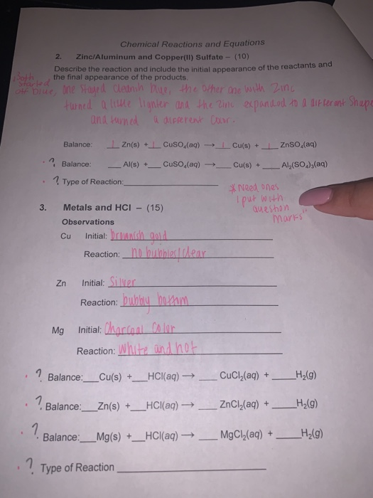 Solved 2. Chemical Reactions And Equations Zinc/Aluminum And | Chegg.com