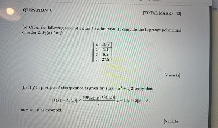 Solved (a) Given the following table of values for a | Chegg.com