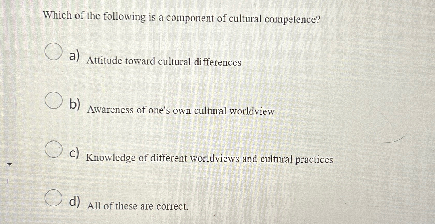 Solved Which of the following is a component of cultural | Chegg.com