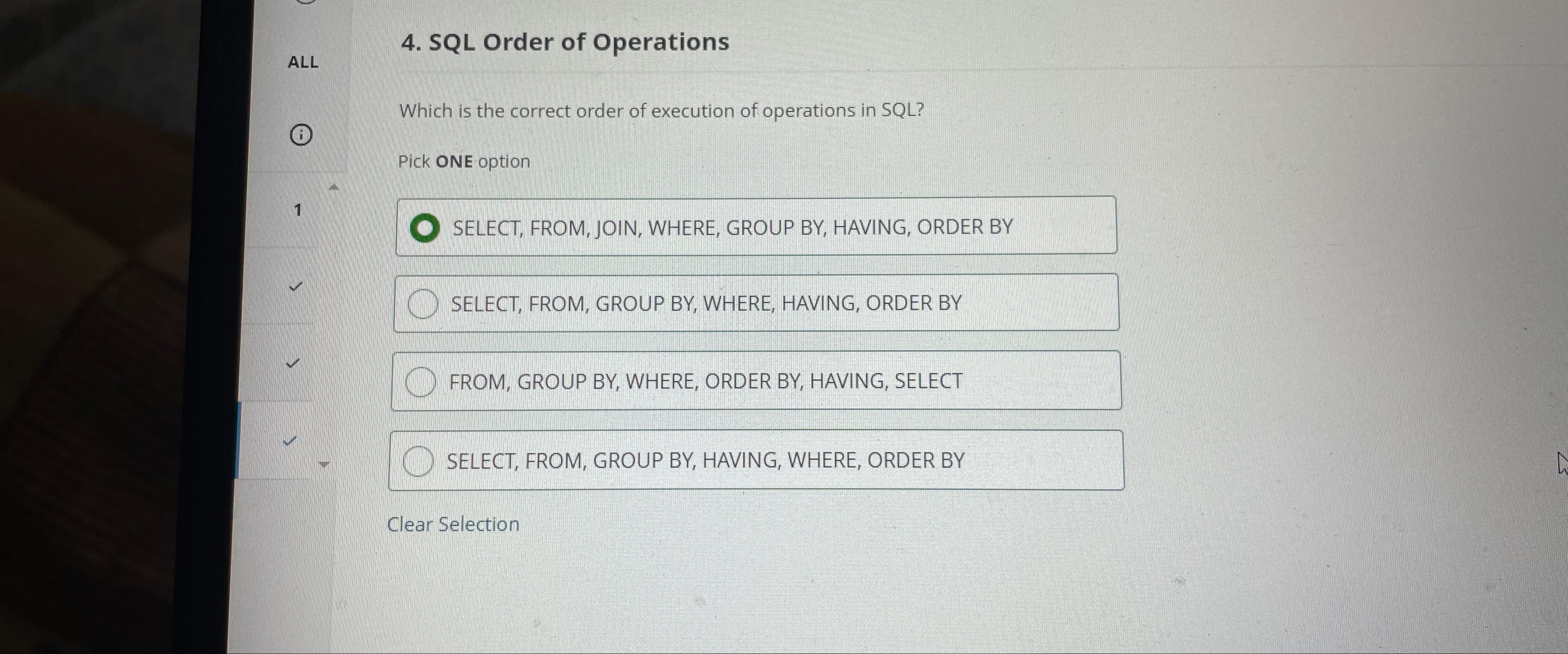 Solved SQL Order of OperationsWhich is the correct order of | Chegg.com