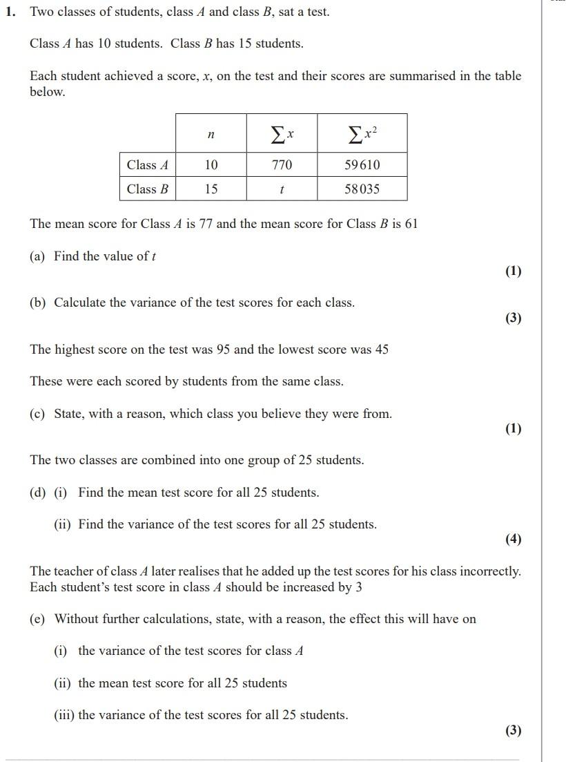 Solved 1. Two Classes Of Students, Class A And Class B, Sat | Chegg.com