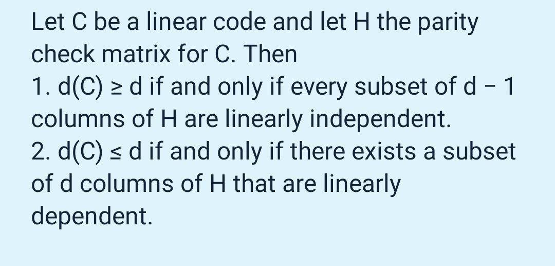 Solved Let C be a linear code and let the parity check | Chegg.com