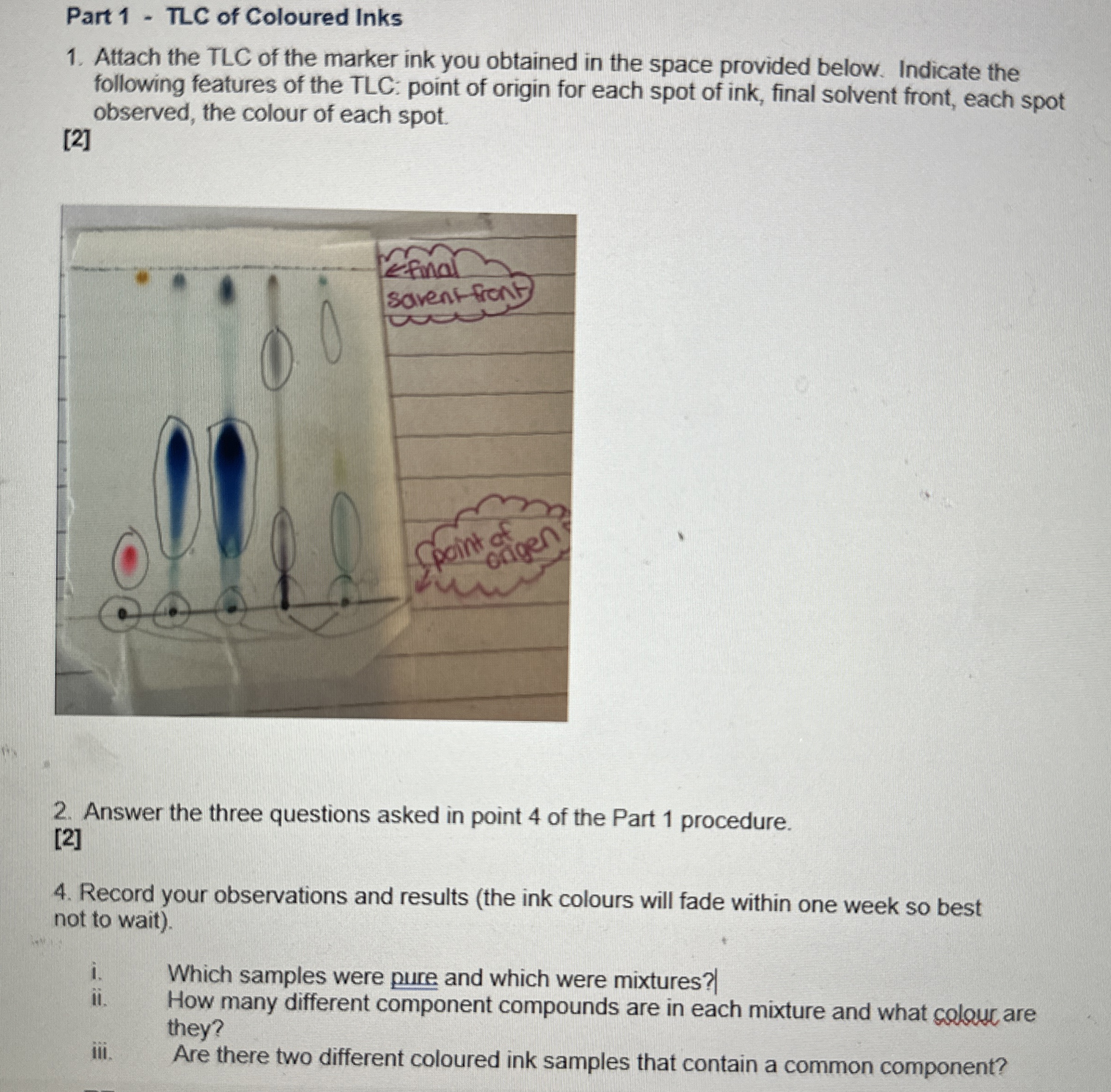 Solved Part 1 ﻿TLC of Coloured InksAttach the TLC of the