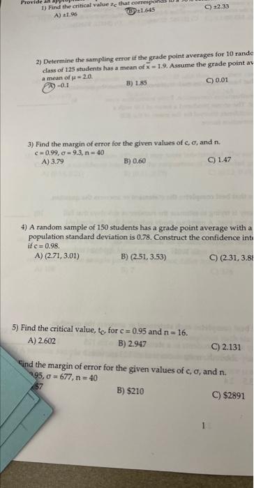 1) Find the eritical value 7c that | Chegg.com