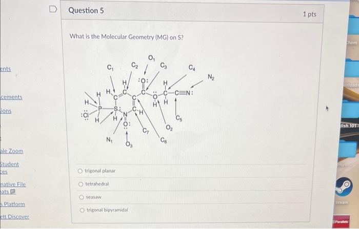 What is the Molecular Geometry (MG) on S?
trigonal planar
tetrahedral
scasaw
trigonal bipyramidal